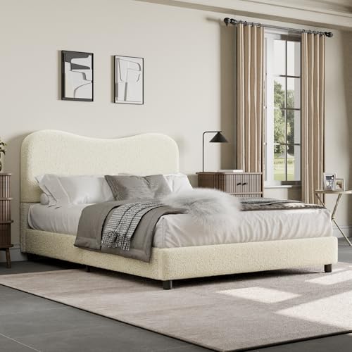 Full Size Bed Frame with Boucle Fabric, Beige, view 2