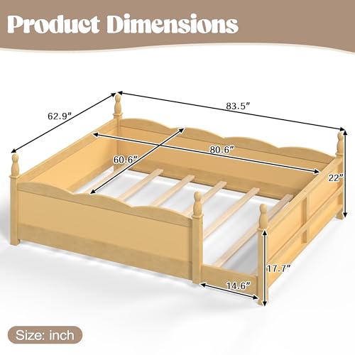 JIVOIT Queen Size Floor Bed with Accessible Door, Wood Montessori Floor Bed with Beside Book Shelf, Childlike Design, Full-Length Guardrails, No Box Spring Needed (Natural/ Queen,15)