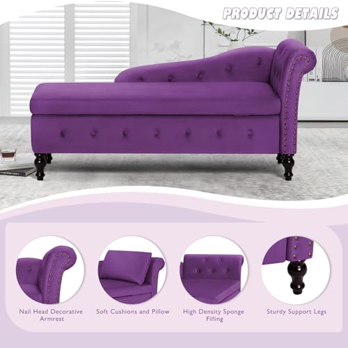 Velvet Chaise Lounge w/Right Armrest & Storage Space, Purpel, view 3