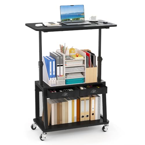 Height Adjustable Standing Desk on Wheels with Drawer, computer desk Black, view 2
