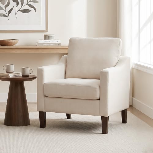 Mid-Century Accent Chairs Set of 2, No Tools Assembly Required, Modern Upholstered Polyester Armchairs for Living Room & Bedroom, Comfortable Reading Chairs with Wood Legs, Beige