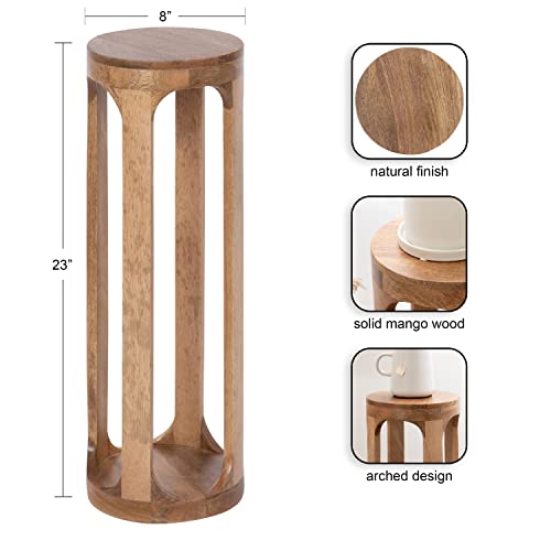 Dahl Wooden Round Drink Table; 8 x 23; Natural Brown; Transitional Boho Circle Wood Accent Pedestal Table for Living Room Plant Stand or Small Bedroom Nightstand