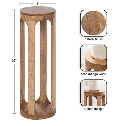 Dahl Wooden Round Drink Table; 8 x 23; Natural Brown; Transitional Boho Circle Wood Accent Pedestal Table for Living Room Plant Stand or Small Bedroom Nightstand