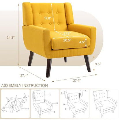 Accent Chair Mid Century Modern Armchair,Comfy Single Sofa for Living Room,Button Tufted Armrest Reading Seat Bedroom Side Sitting for Home Office,Recliner Chair, Home Theater Seating,Yellow