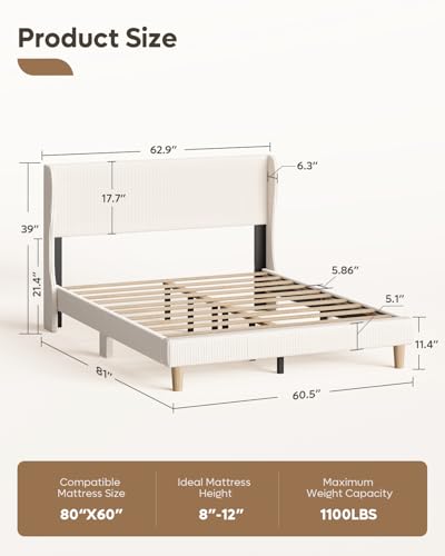 Queen Bed Frame with Wingback Headboard,Upholstered,Beige, view 3