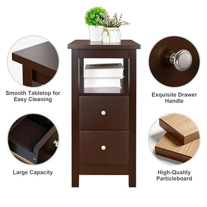 End Table Set of 2, Slim Side Table with 2 Drawers and Storage Shelf, 3 Tier Sofa Couch Table for Living Room Bedroom Apartment Small Spaces, Espresso