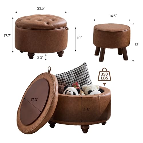 24Inch Round Storage Ottoman, Set of 2, Modern PU Leather Coffee Table with Removable Top, Upholstered Ottoman with Storage Footrest Stool for Living Room, Bedroom (Brown)