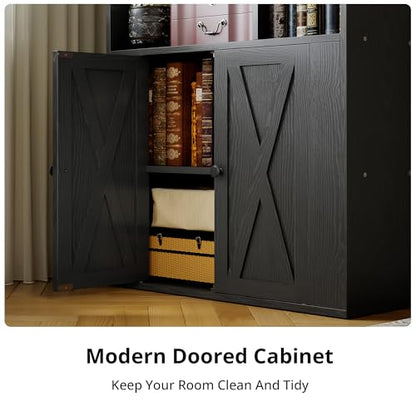 Book Shelf, Tall Bookshelf with Storage, Bookshelves and Bookcases with Doors, 4-Tier Bookcase with 8 Open Cubes for Living Room, Office, Study, Black