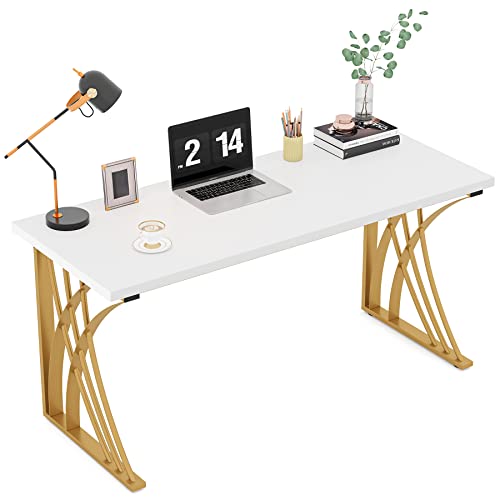 55’’ Large Modern Computer Desk, White & Gold Luxury Laptop PC Student Table, Makeup Vanity Table with Thick Frame & Strong Legs, Sturdy Writing Workstation for Home & Office