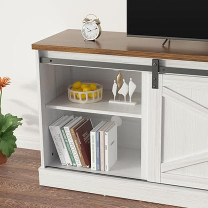 TV Stand up to 75/80" TV, Entertainment Center w/Sliding Barn Doors & Storage Cabinets, Farmhouse TV Console with Adjustable Shelf, Office Furniture for Living Room-White