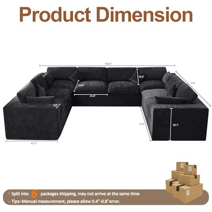 146''Cloud Boneless Sectional Couch, Modular Sectional Sofa Deep Seat, Oversized Upholstered Convertible Comfy 8 Seater Chenille Memory Foam Sofa U Shape Couches for Living Room, Dark