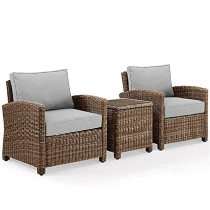 Crosley Furniture KO70052WB-GY Bradenton Outdoor Wicker 3-Piece Seating Set (2 Arm Chairs, Side Table), Weathered Brown with Gray Cushions