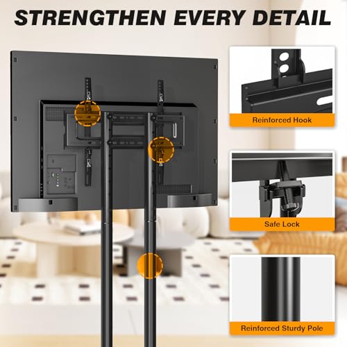 Dual-Pole Rolling TV Stand for 32-75 inch LCD LED Flat & Curved TVs, Height Adjustable Portable TV Stand with Lockable Wheels, Mobile TV Cart up to 88lbs for Bedroom, Living Room, Outdoor