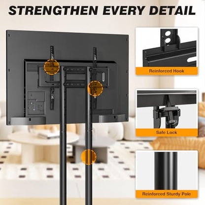 Dual-Pole Rolling TV Stand for 32-75 inch LCD LED Flat & Curved TVs, Height Adjustable Portable TV Stand with Lockable Wheels, Mobile TV Cart up to 88lbs for Bedroom, Living Room, Outdoor