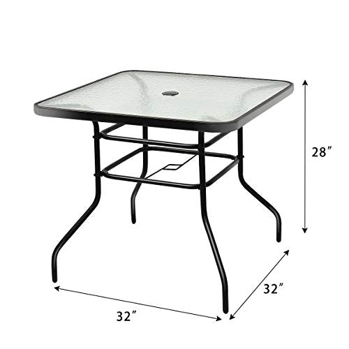 32" Square Outdoor Dining Table with Tempered Glass Top, Outside Bistro Table with 2" Umbrella Hole & Metal Frame, Patio Dining Table for Backyard, Lawn, Deck & Poolside