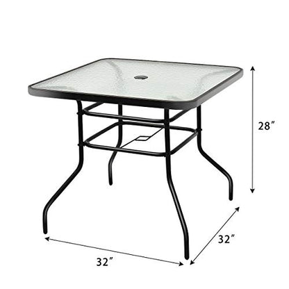 32" Square Outdoor Dining Table with Tempered Glass Top, Outside Bistro Table with 2" Umbrella Hole & Metal Frame, Patio Dining Table for Backyard, Lawn, Deck & Poolside