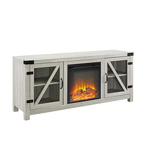 Farmhouse Barn Door Wood and Glass Fireplace TV Stand for TV's up to 64" Flat Screen Living Room Storage Cabinet Doors and Shelves Entertainment Center, 58 Inch, Stone Grey