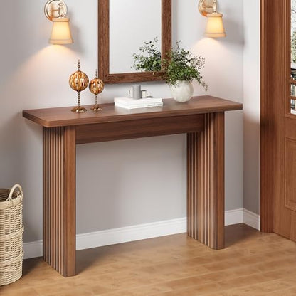 Mid Century Narrow Entryway Console Table, 43.3" Fluted Wood Couch Table Behind Sofa Long and Skinny for Living Room Hallway Entrance Foyer, Walnut