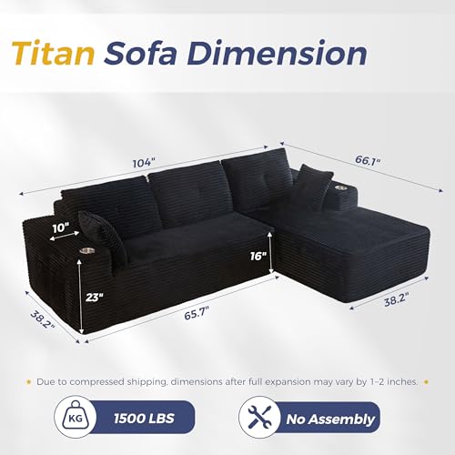 104" Modular Sectional Couch with L-Shape Chaise, Modern Boneless Couch for Living Room, Sofa in A Box, Oversized Sofa with Deep Seat, No Assembly Required, Black