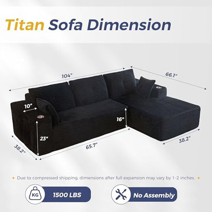 104" Modular Sectional Couch with L-Shape Chaise, Modern Boneless Couch for Living Room, Sofa in A Box, Oversized Sofa with Deep Seat, No Assembly Required, Black