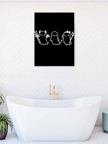 NuYeBiofx Halloween Funny Ghost with Forks Canvas Wall Art Prints,48"x32" Framed Picture Artwork White Devil Sketch on Black Printed Canvas Oil Painting for Living Room Bedroom Office,Ready to Hang