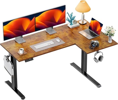 Dual Motor 63x40 inch L Shaped Electric Standing Desk with 3 Preset Heights, Electric Height Adjustable Computer Table, 2 Hooks & Cable Tray, Raising Desk for Home Office, Vintage Brown