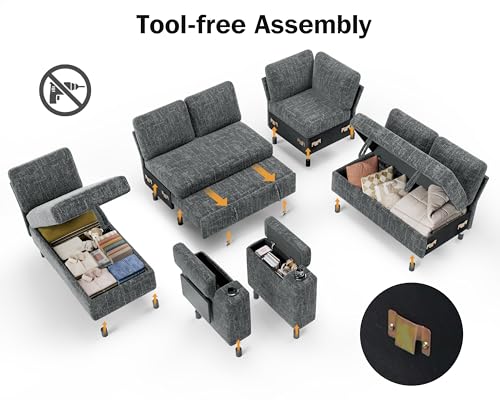 111" Modular Sectional Sleeper Sofa with Pull Out Bed, 7 Seat Chenille L Shaped Couch with USB Ports|Cup Holders|Side Table|Storage Chaise, Tool Free Assembly, Grey