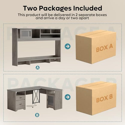 Farmhouse 63" L Shaped Desk with Hutch, Wood Computer Desk with Drawers, Charging Station, LED Light, Fluted Sliding Door Cabinet, Monitor Stand, Executive Desk for Home Office, Grey