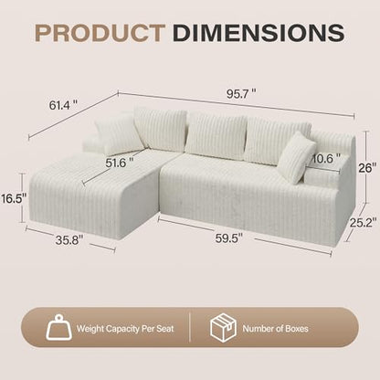 96" Modular Sectional Sofa Couches, L-Shaped Boneless Cloud Sofa with 3 Deep Seat, 5 Cushiones Oversized Chaise for Living Room, Bedroom, Plush Corduroy Fabric (Left, Beige)