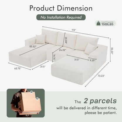 113" Modular Sectional Couch, Cloud Boneless Sofa with Deep Seats, Upholstered Corduroy U-Shaped Sleeper Sofa with Chaise, 3-Seater Couches for Living Room, No Assembly Required, Beige