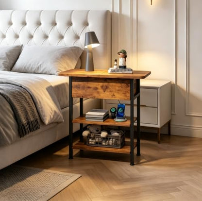 3-Tier End Table with Charging Station, Flip Top Narrow Side Table with Storage Shelf, Small Nightstand with USB Ports and Outlets,Bedside Table for Living Room, Bedroom