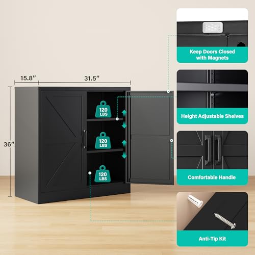 Black Storage Cabinet with Doors and Adjustable Shelves,36" Tall Farmhouse Food Pantry Cabinets,Small Sideboard Cabinet,Short Metal Storage Cabinets for Home Kitchen,Dining/Living/Laundry/Room