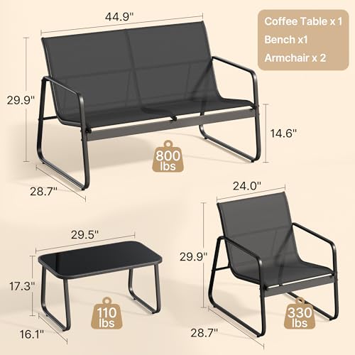 4 Piece Patio Furniture Set, Outdoor Patio Furniture with Loveseat and 2 Single Chairs, Bistro Table and Chairs Set for Backyard, Balcony, Lawn,Black