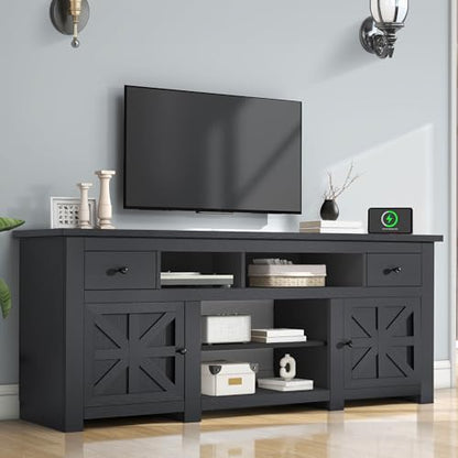 Farmhouse TV Stand with Power Outlet for 75"/80" TVs, Black | Entertainment Centers Furniture, TV Consoles with Storage Drawers, Rustic TV Stands for Living Room
