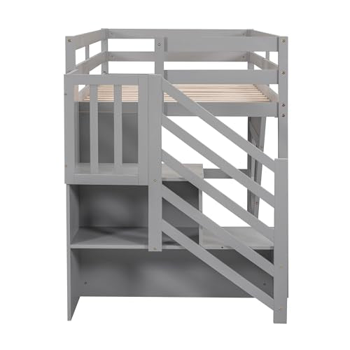 Twin Kids Low Loft Bed with Staircase and Safety Guardrails,Wood Loft Bed Frame with Under Bed Space,Easy Assembly,Gray