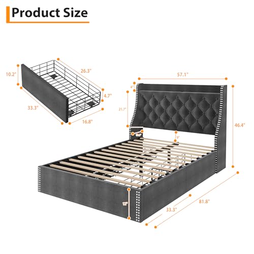 GAOMON Queen Size Bed Frame with Wingback Headboard, 4-Drawer Velvet Upholstered Platform Bed Frame with Charging Station, Button Tufted Storage Bed, No Box Spring Needed, Gray