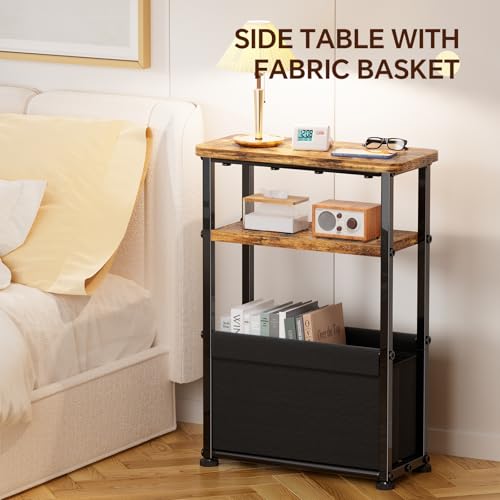 Side Table, 3-Tier Modern End Table with Fabric Basket, Skinny Bedside Table, Thin Nightstand for Bedroom Living Room, Rustic Brown