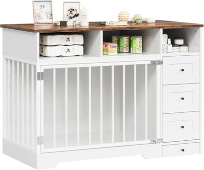 48 Inch Dog Crate Furniture, Farmhouse Dog Kennel with Bowl & Drawers, view 2