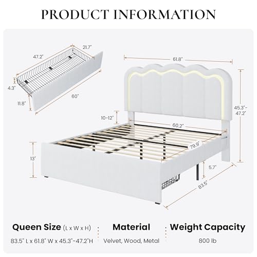 Queen Size Bed Frame with LED Lights and Storage Drawer, White, view 3