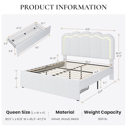 Queen Size Bed Frame with LED Lights and Storage Drawer, White, view 3