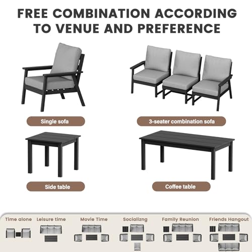 HDPE Patio Furniture Set, 10 Pieces Sectional Outdoor Furniture Set, All Weather Outdoor Couch Set Patio Conversation Set for Deck, Lawn, Black
