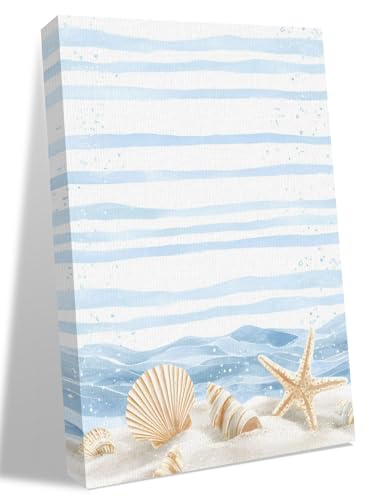 NuYeBiofx Summer Beach Shell Starfish Conch Canvas Wall Art Prints,30"x20" Framed Picture Artwork Seaside Ocean Wave Blue Line Printed Canvas Oil Painting for Living Room Bedroom Office,Ready to Hang