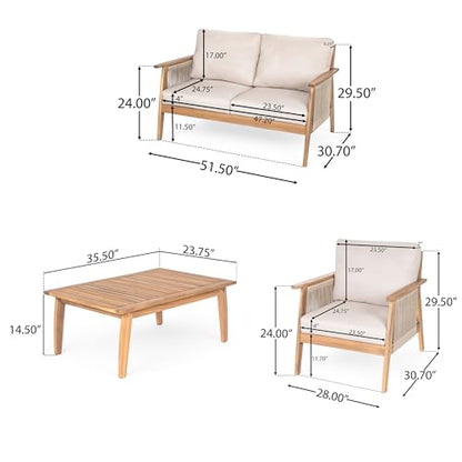 Lorna 4-Seater Patio Furniture Set with Removable Cushion, 4 Piece Outdoor Acacia Wood Conversation Set, Sold Wood Outdoor Sectional Sofa Set with Coffee Table, Teak+Beige