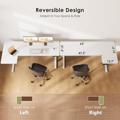 63 Inch Reversible L Shaped Electric Standing Desk, White, view 6