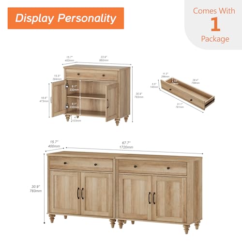 WAMAPT Buffet Cabinet with 4 Doors and 2 Drawers, Large Coffee Bar Table Wood Kitchen Storage Cabinets with Storage Cabinets, Modern Farmhouse Sideboard Credenza for Dining Room, Oak, 68 inch