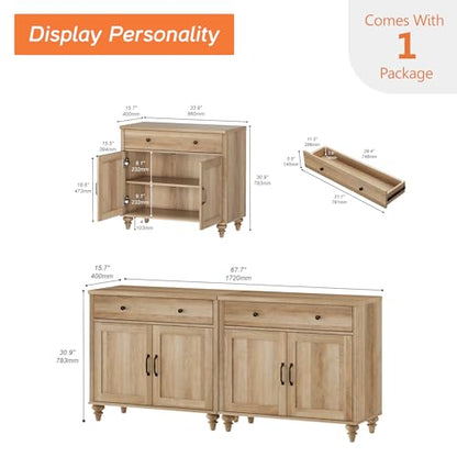 WAMAPT Buffet Cabinet with 4 Doors and 2 Drawers, Large Coffee Bar Table Wood Kitchen Storage Cabinets with Storage Cabinets, Modern Farmhouse Sideboard Credenza for Dining Room, Oak, 68 inch