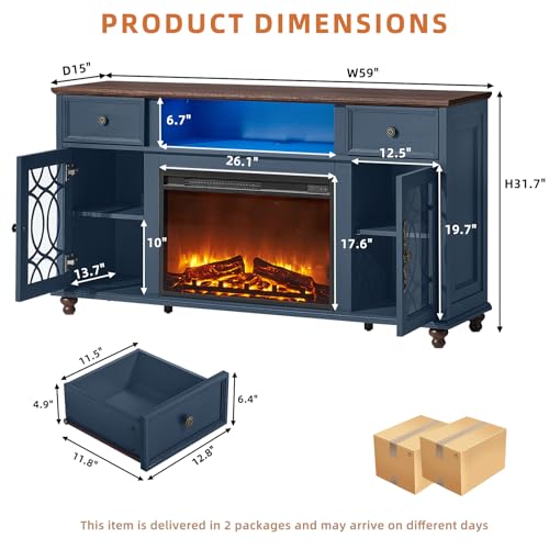 Farmhouse Fireplace TV Stand with Electric Fireplace & LED Lights, view 3