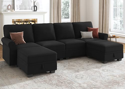 Sectional Sofa with Storage Seat Velvet U Shaped Sectional Couch with Reversible Chaise Convertible Sectional Couches for Living Room,Black