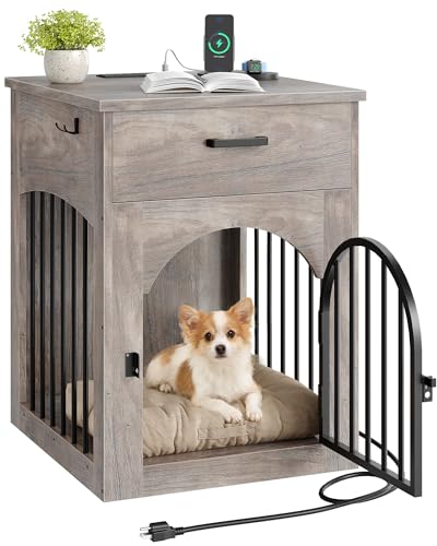 Dog Crate Furniture, Wooden Dog Kennel with Charging Station and Storage Drawer, view 2