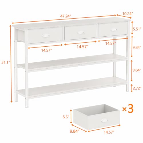 White Long 47" Console Sofa Table with 3 Drawers, Entryway Table with 3-Tier Storage Shelves, Display Shelf for Entry Way, Hallway, Couch, Living Room, Kitchen, Foyer